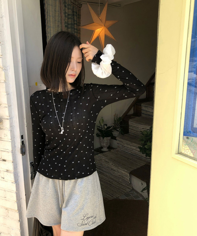 ドットシアーレイヤード長袖Tシャツ BLACK