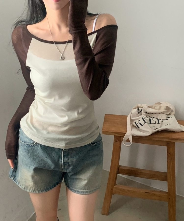 츄잉 시스루 나그랑 배색 레이어드 긴팔티 5color 브라운