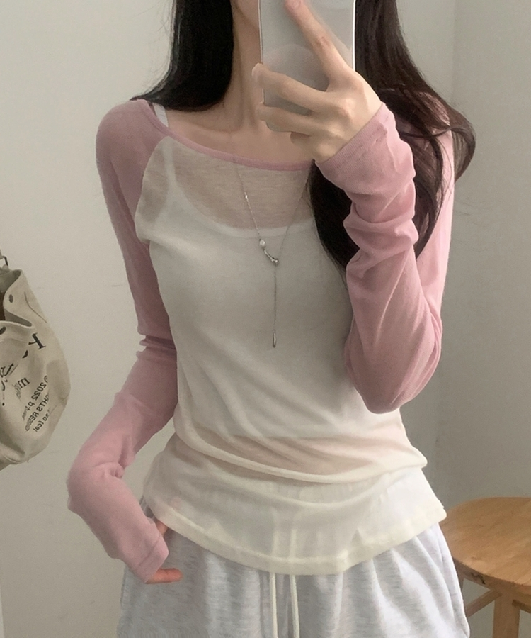 츄잉 시스루 나그랑 배색 레이어드 긴팔티 5color 핑크