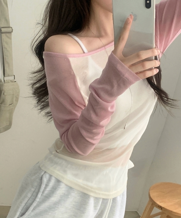 츄잉 시스루 나그랑 배색 레이어드 긴팔티 5color 핑크