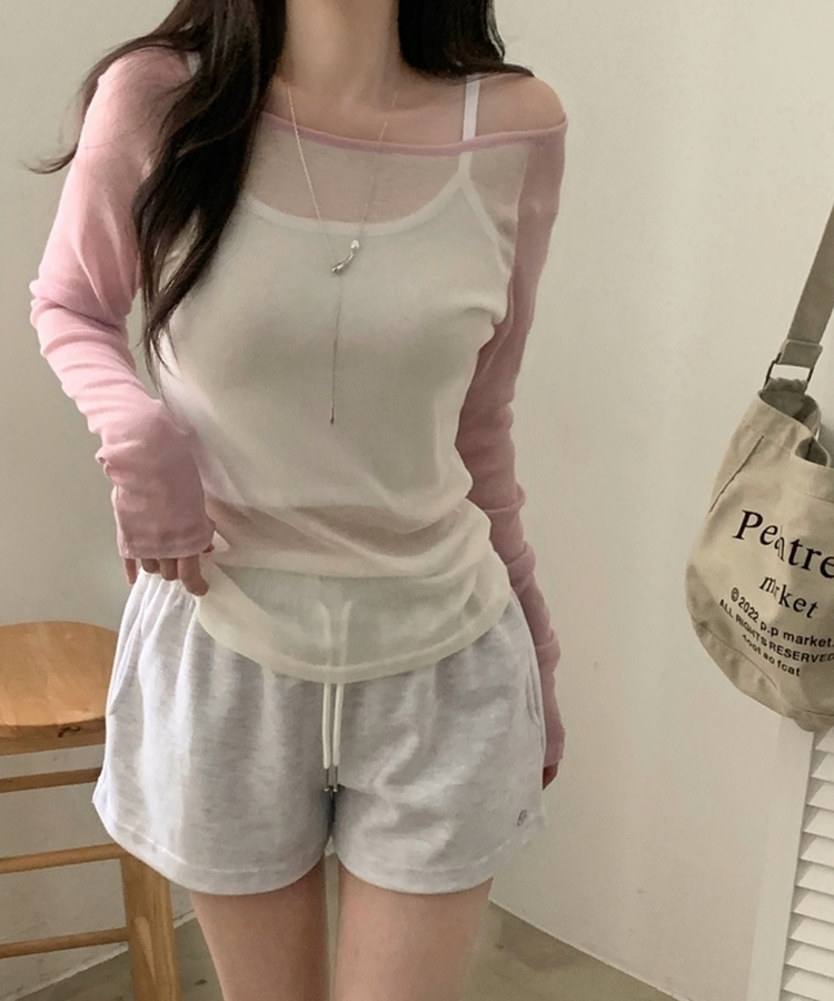 츄잉 시스루 나그랑 배색 레이어드 긴팔티 5color 핑크