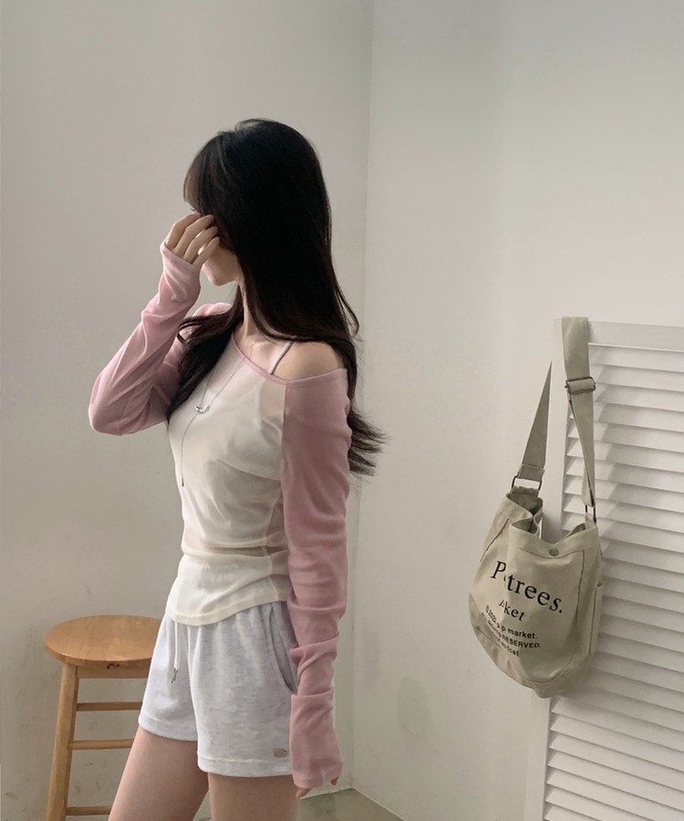 츄잉 시스루 나그랑 배색 레이어드 긴팔티 5color 핑크
