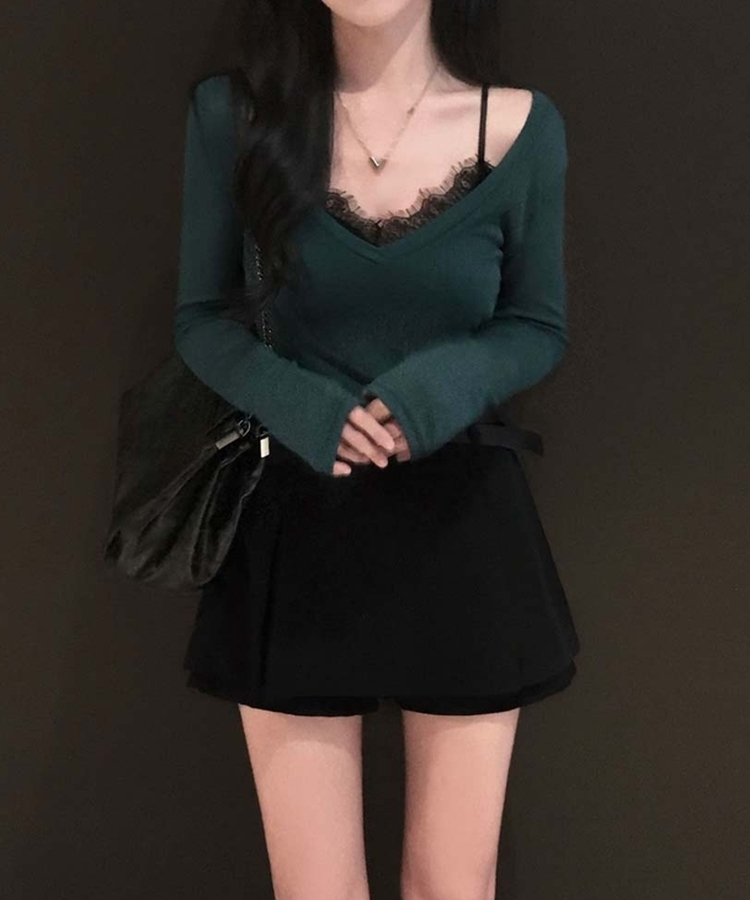 여름에도 극여리핏오뜨 썸머 딥 브이넥 시스루 골지 긴팔 티셔츠 딥그린
