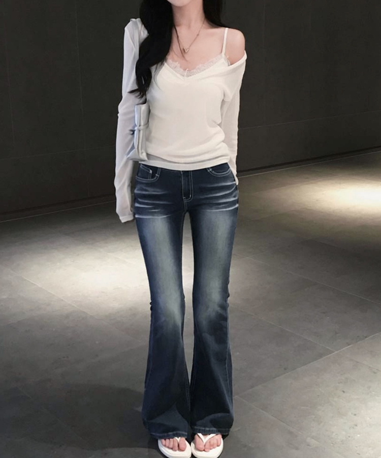 여름에도 극여리핏오뜨 썸머 딥 브이넥 시스루 골지 긴팔 티셔츠 아이보리