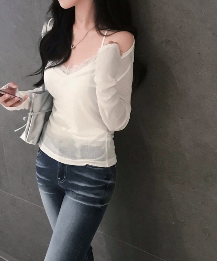 여름에도 극여리핏오뜨 썸머 딥 브이넥 시스루 골지 긴팔 티셔츠 아이보리