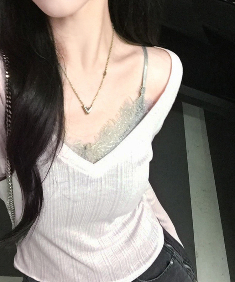 여름에도 극여리핏오뜨 썸머 딥 브이넥 시스루 골지 긴팔 티셔츠 핑크