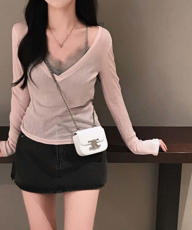 여름에도 극여리핏오뜨 썸머 딥 브이넥 시스루 골지 긴팔 티셔츠 핑크