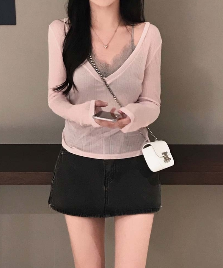 여름에도 극여리핏오뜨 썸머 딥 브이넥 시스루 골지 긴팔 티셔츠 핑크