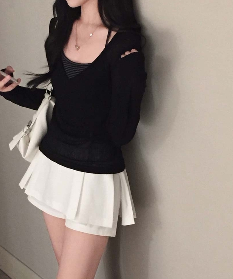 여름에도 극여리핏오뜨 썸머 딥 브이넥 시스루 골지 긴팔 티셔츠 블랙