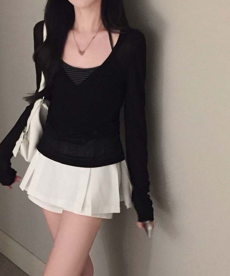 여름에도 극여리핏오뜨 썸머 딥 브이넥 시스루 골지 긴팔 티셔츠 블랙