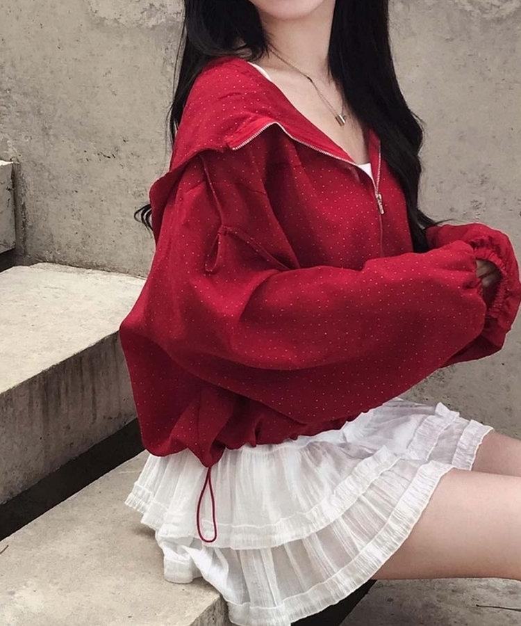 귀여움퀄리티 보장에이쁠 루즈핏 후드 도트 스트링 바람막이 점퍼 레드