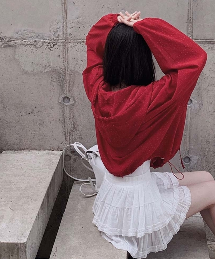 귀여움퀄리티 보장에이쁠 루즈핏 후드 도트 스트링 바람막이 점퍼 레드