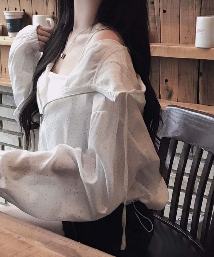 귀여움퀄리티 보장에이쁠 루즈핏 후드 도트 스트링 바람막이 점퍼 화이트