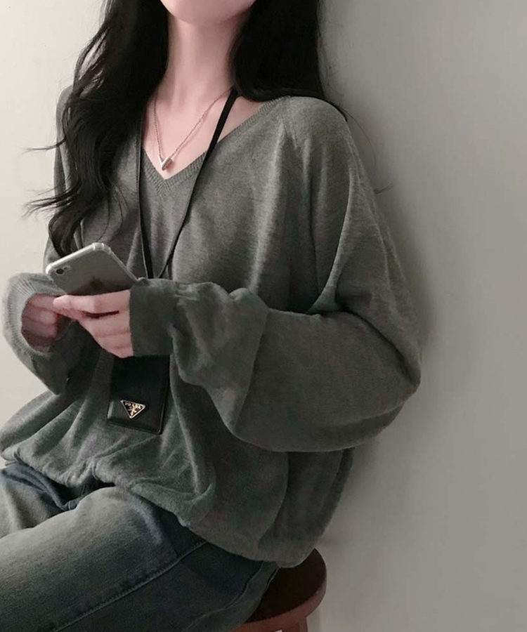 한여름까지 살탐방지모데 브이넥 썸머 루즈핏 얇은 긴팔 니트 페일그레이
