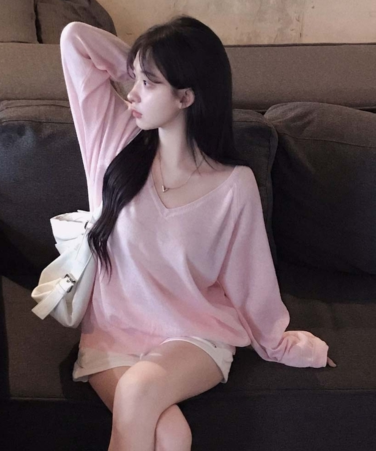 한여름까지 살탐방지모데 브이넥 썸머 루즈핏 얇은 긴팔 니트 페일핑크