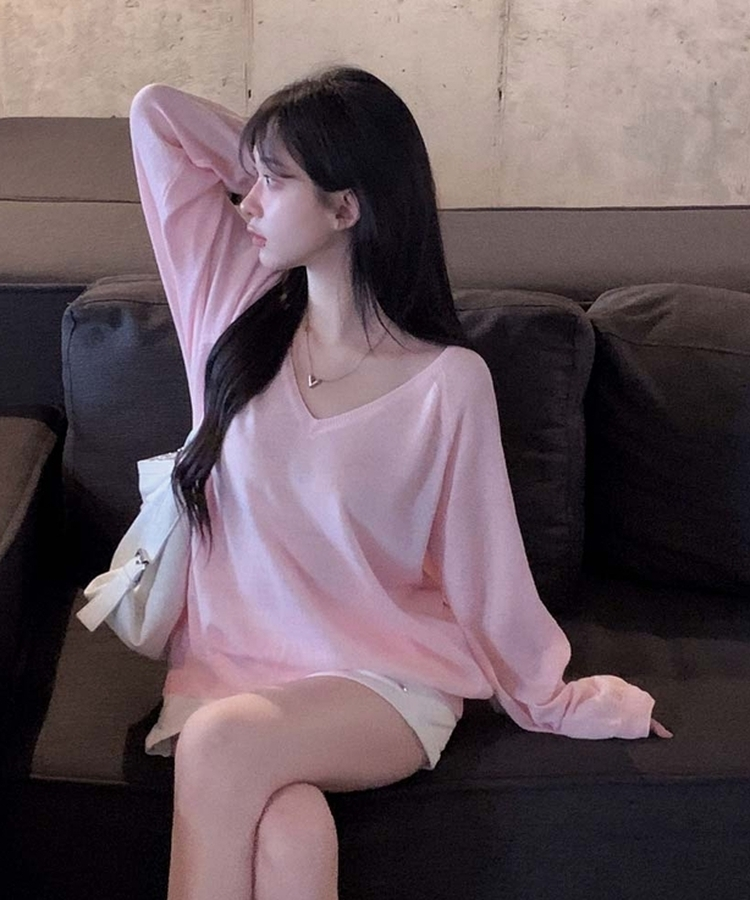 한여름까지 살탐방지모데 브이넥 썸머 루즈핏 얇은 긴팔 니트 페일핑크