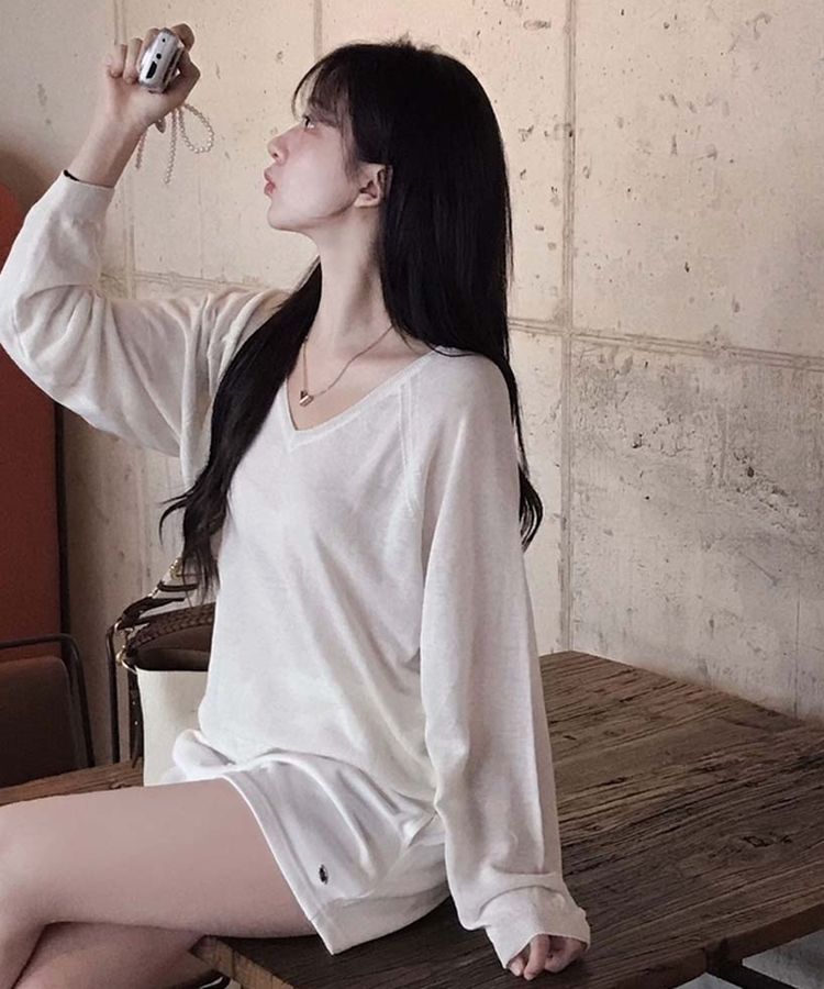 한여름까지 살탐방지모데 브이넥 썸머 루즈핏 얇은 긴팔 니트 마베이지