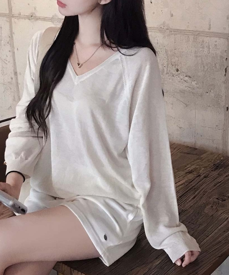 한여름까지 살탐방지모데 브이넥 썸머 루즈핏 얇은 긴팔 니트 마베이지