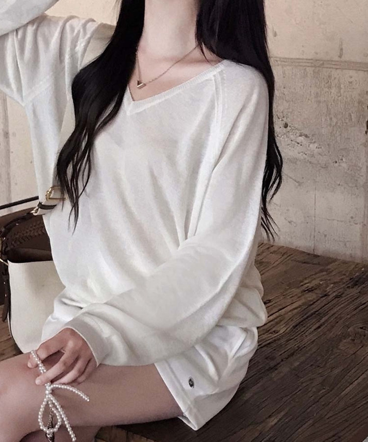한여름까지 살탐방지모데 브이넥 썸머 루즈핏 얇은 긴팔 니트 마베이지