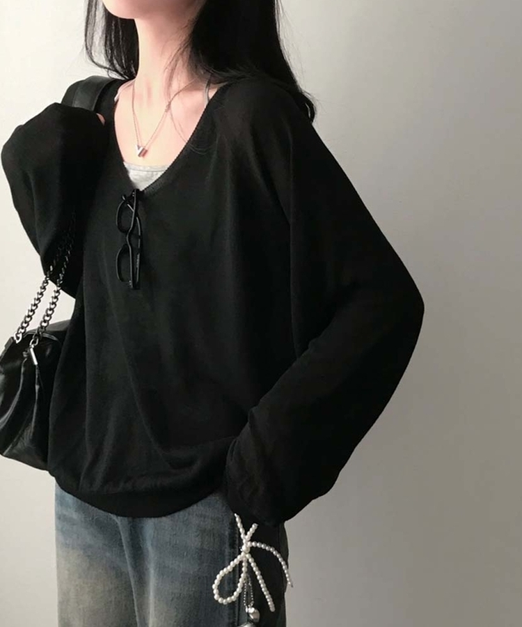 한여름까지 살탐방지모데 브이넥 썸머 루즈핏 얇은 긴팔 니트 블랙