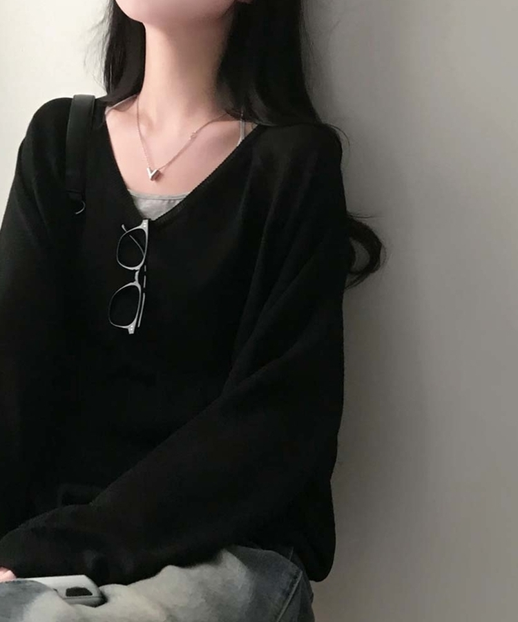 한여름까지 살탐방지모데 브이넥 썸머 루즈핏 얇은 긴팔 니트 블랙