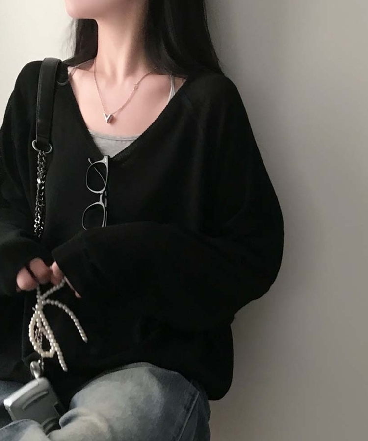 한여름까지 살탐방지모데 브이넥 썸머 루즈핏 얇은 긴팔 니트 블랙