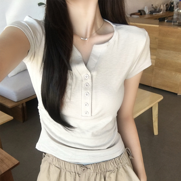 허리잘록 오드 트임 브이넥 버튼 세미 크롭 여름 반팔 티셔츠 옆셔링 단추 무지 반팔티 데일리 포켓 기본티 밑단 굴림 꾸안꾸 상의 5color 베이지