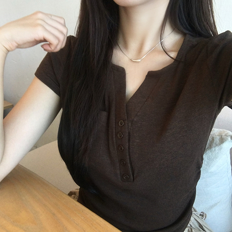 허리잘록 오드 트임 브이넥 버튼 세미 크롭 여름 반팔 티셔츠 옆셔링 단추 무지 반팔티 데일리 포켓 기본티 밑단 굴림 꾸안꾸 상의 5color 밤색