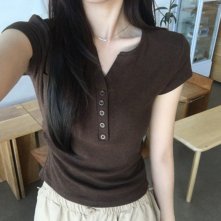 허리잘록 오드 트임 브이넥 버튼 세미 크롭 여름 반팔 티셔츠 옆셔링 단추 무지 반팔티 데일리 포켓 기본티 밑단 굴림 꾸안꾸 상의 5color 밤색