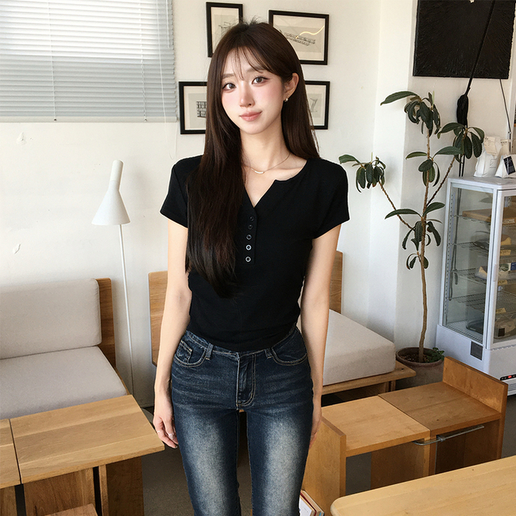 허리잘록 오드 트임 브이넥 버튼 세미 크롭 여름 반팔 티셔츠 옆셔링 단추 무지 반팔티 데일리 포켓 기본티 밑단 굴림 꾸안꾸 상의 5color 블랙