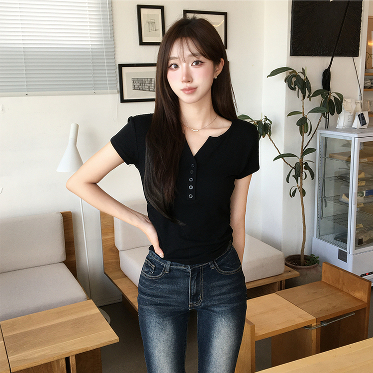 허리잘록 오드 트임 브이넥 버튼 세미 크롭 여름 반팔 티셔츠 옆셔링 단추 무지 반팔티 데일리 포켓 기본티 밑단 굴림 꾸안꾸 상의 5color 블랙