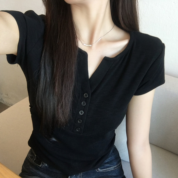 허리잘록 오드 트임 브이넥 버튼 세미 크롭 여름 반팔 티셔츠 옆셔링 단추 무지 반팔티 데일리 포켓 기본티 밑단 굴림 꾸안꾸 상의 5color 블랙