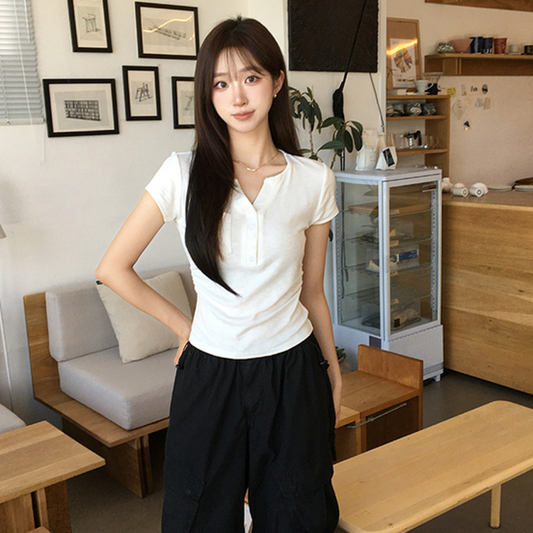 허리잘록 오드 트임 브이넥 버튼 세미 크롭 여름 반팔 티셔츠 옆셔링 단추 무지 반팔티 데일리 포켓 기본티 밑단 굴림 꾸안꾸 상의 5color 화이트