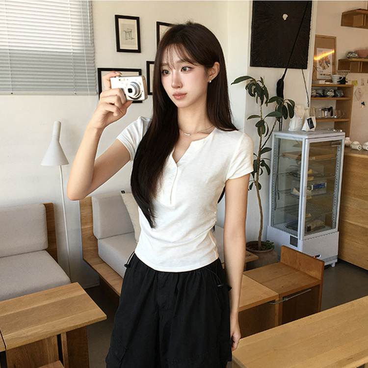 허리잘록 오드 트임 브이넥 버튼 세미 크롭 여름 반팔 티셔츠 옆셔링 단추 무지 반팔티 데일리 포켓 기본티 밑단 굴림 꾸안꾸 상의 5color 화이트