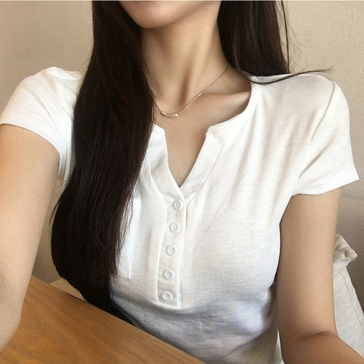 허리잘록 오드 트임 브이넥 버튼 세미 크롭 여름 반팔 티셔츠 옆셔링 단추 무지 반팔티 데일리 포켓 기본티 밑단 굴림 꾸안꾸 상의 5color 화이트