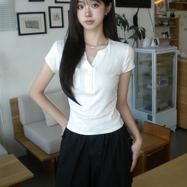 허리잘록 오드 트임 브이넥 버튼 세미 크롭 여름 반팔 티셔츠 옆셔링 단추 무지 반팔티 데일리 포켓 기본티 밑단 굴림 꾸안꾸 상의 5color 화이트