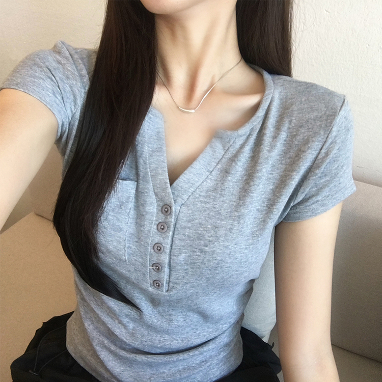 허리잘록 오드 트임 브이넥 버튼 세미 크롭 여름 반팔 티셔츠 옆셔링 단추 무지 반팔티 데일리 포켓 기본티 밑단 굴림 꾸안꾸 상의 5color 그레이