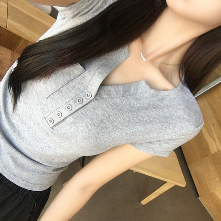 허리잘록 오드 트임 브이넥 버튼 세미 크롭 여름 반팔 티셔츠 옆셔링 단추 무지 반팔티 데일리 포켓 기본티 밑단 굴림 꾸안꾸 상의 5color 그레이
