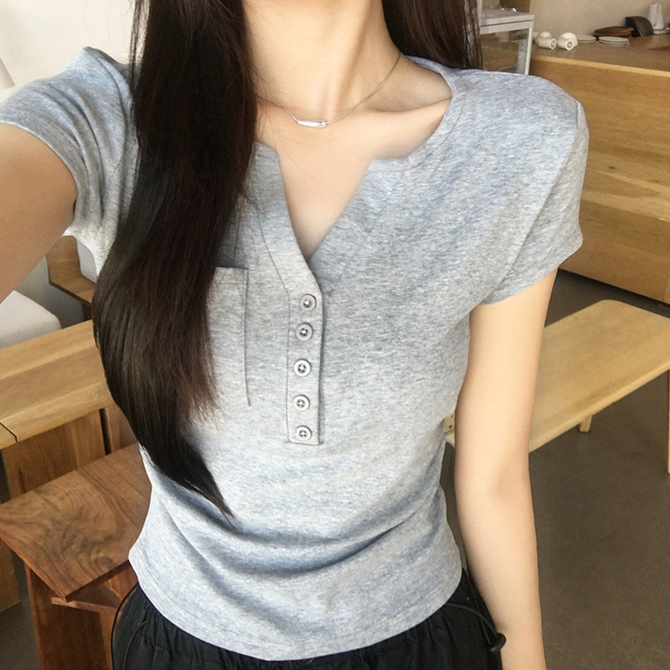 허리잘록 오드 트임 브이넥 버튼 세미 크롭 여름 반팔 티셔츠 옆셔링 단추 무지 반팔티 데일리 포켓 기본티 밑단 굴림 꾸안꾸 상의 5color 그레이
