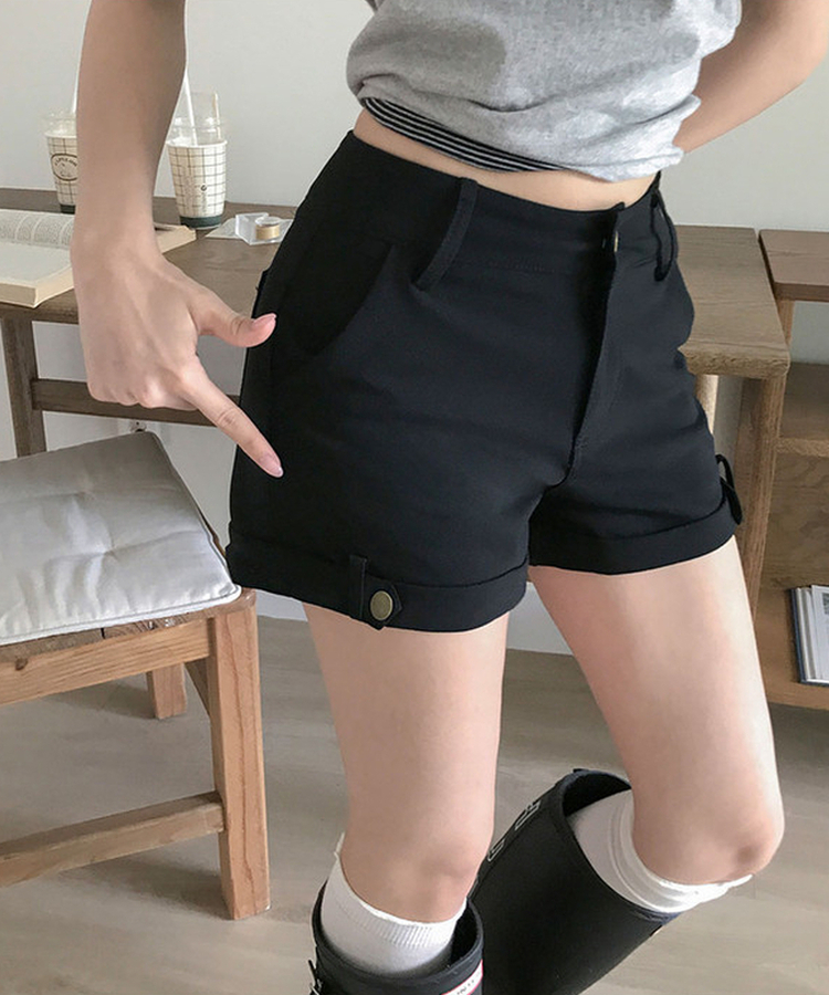 모놀 롤업 밑단 버튼 스판 숏 팬츠 여름 여름숏팬츠 블랙