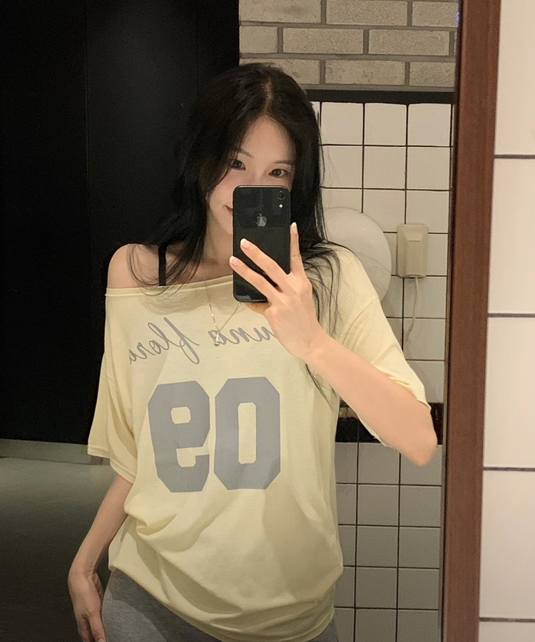 [레몬코어ᰔ?/옵션선택!] 로스 레터링 원오프 여리핏 반팔티셔츠,오프숄더 - 4color 레몬