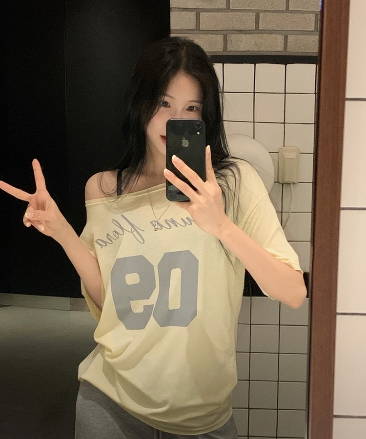 [레몬코어ᰔ?/옵션선택!] 로스 레터링 원오프 여리핏 반팔티셔츠,오프숄더 - 4color 레몬