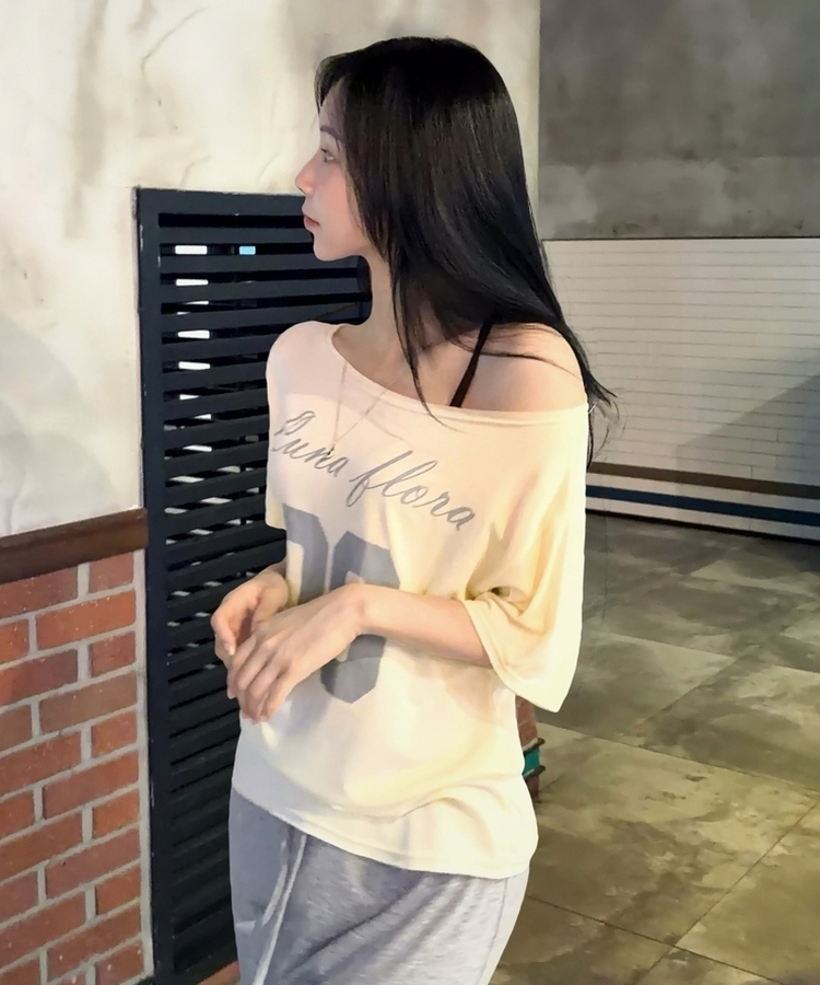 [레몬코어ᰔ?/옵션선택!] 로스 레터링 원오프 여리핏 반팔티셔츠,오프숄더 - 4color 레몬