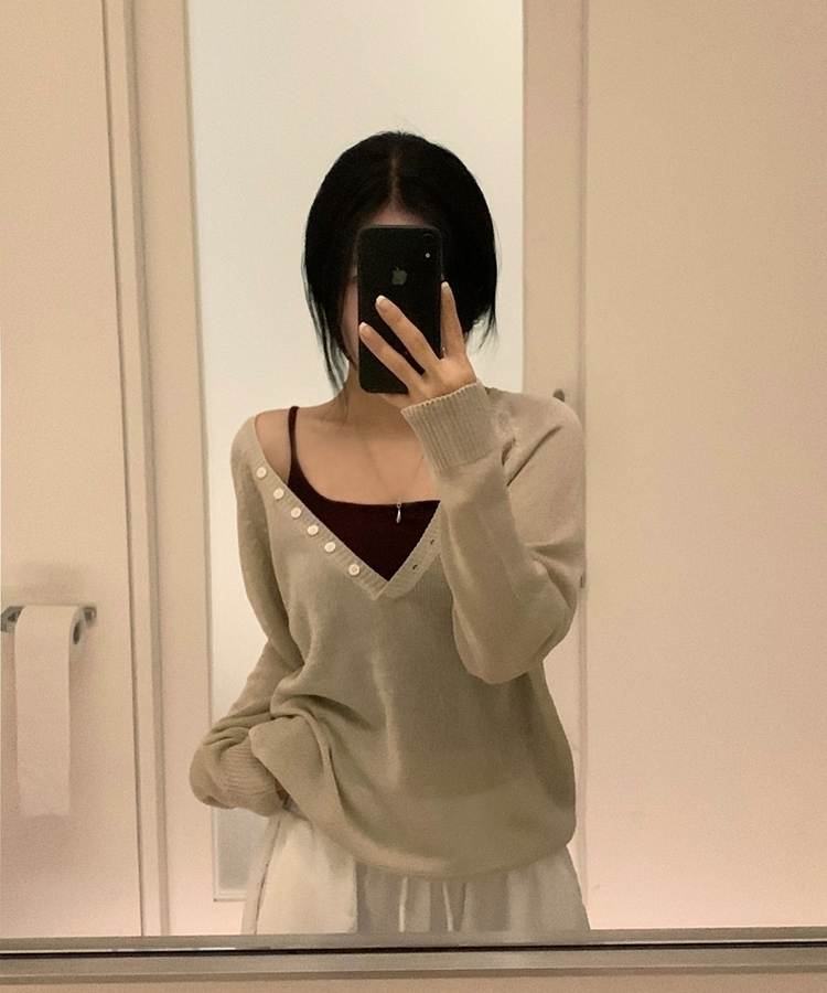 널디 레이어드 헨리넥 버튼 딥브이넥 루즈핏 린넨니트 4color 베이지