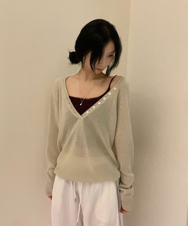 널디 레이어드 헨리넥 버튼 딥브이넥 루즈핏 린넨니트 4color 베이지