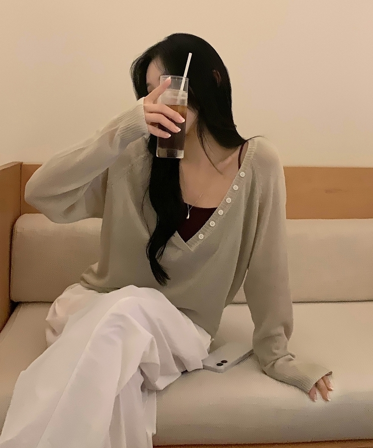 널디 레이어드 헨리넥 버튼 딥브이넥 루즈핏 린넨니트 4color 베이지