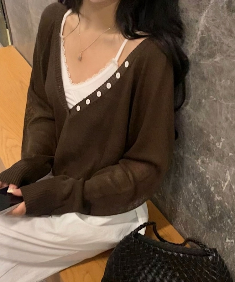 널디 레이어드 헨리넥 버튼 딥브이넥 루즈핏 린넨니트 4color 브라운