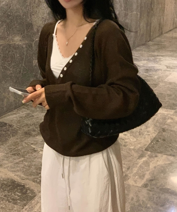 널디 레이어드 헨리넥 버튼 딥브이넥 루즈핏 린넨니트 4color 브라운