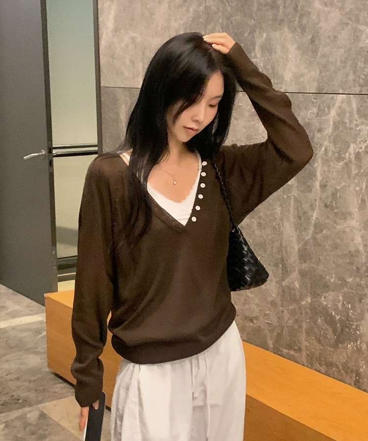 널디 레이어드 헨리넥 버튼 딥브이넥 루즈핏 린넨니트 4color 브라운