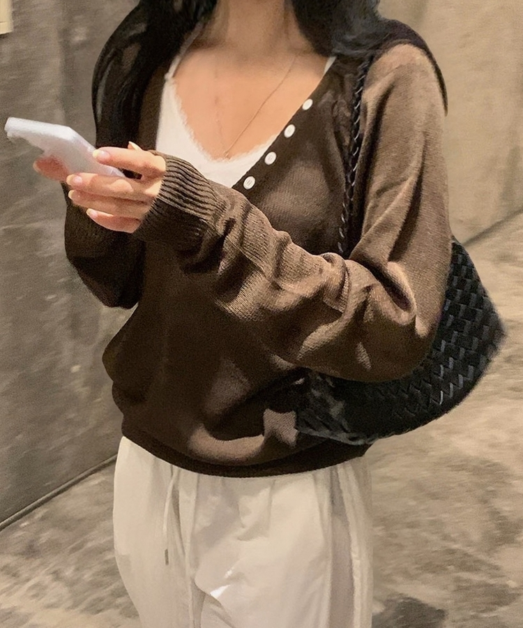 널디 레이어드 헨리넥 버튼 딥브이넥 루즈핏 린넨니트 4color 브라운